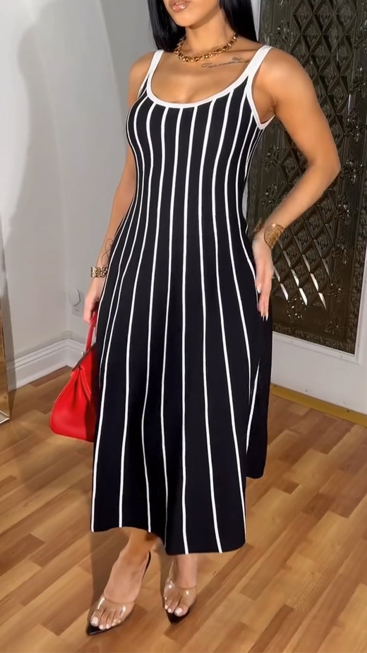 Round Neck Suspender Striped Dress