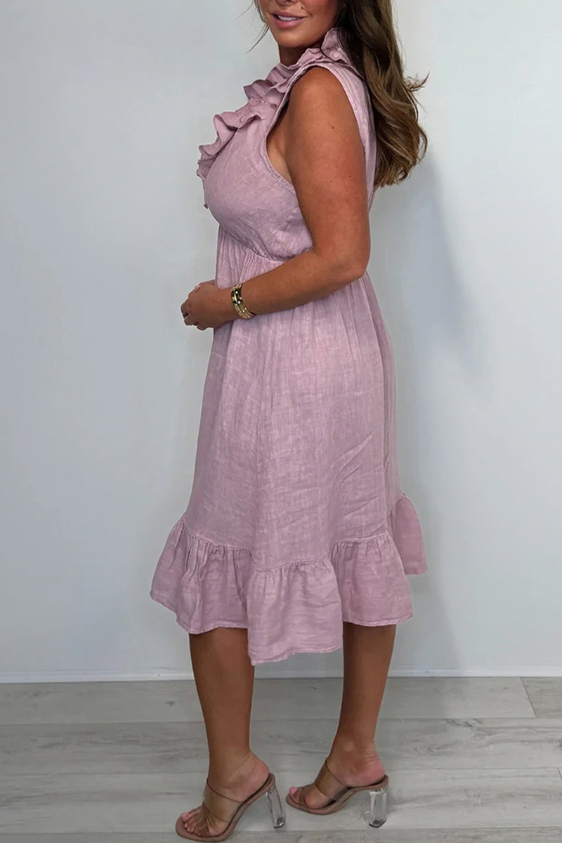 V-neck Cotton and Linen Ruffle Dress