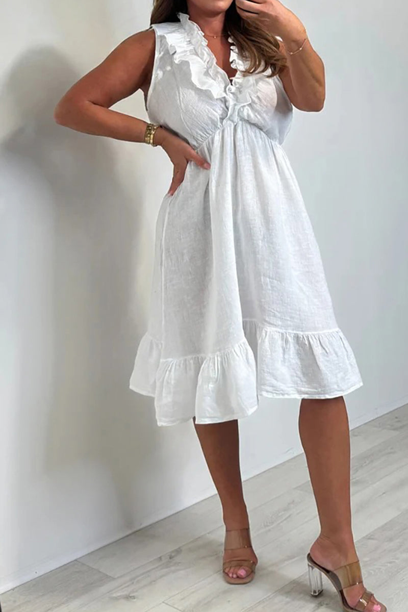 V-neck Cotton and Linen Ruffle Dress