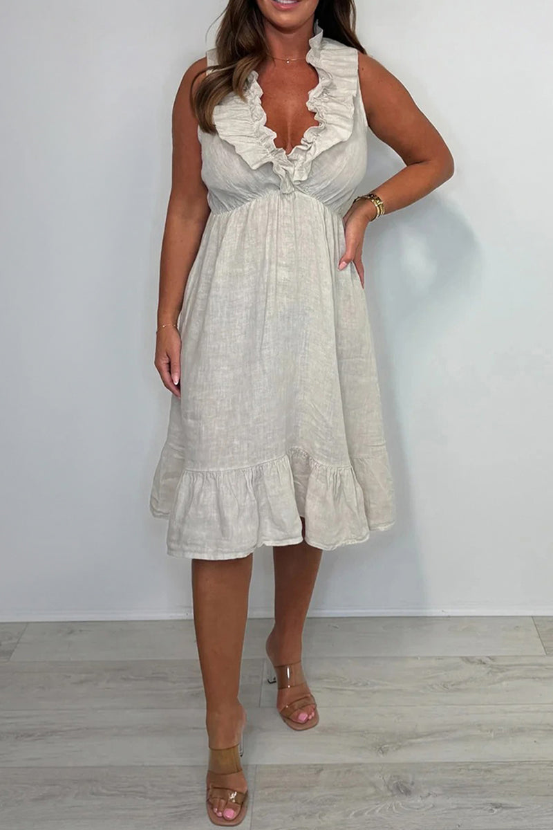 V-neck Cotton and Linen Ruffle Dress