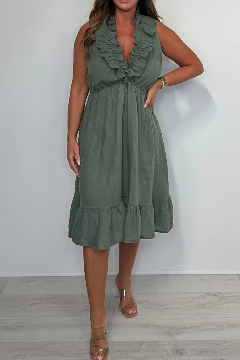 V-neck Cotton and Linen Ruffle Dress