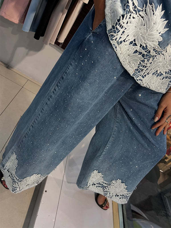 Women's Lapel Rhinestone Patchwork Printed Denim Suit