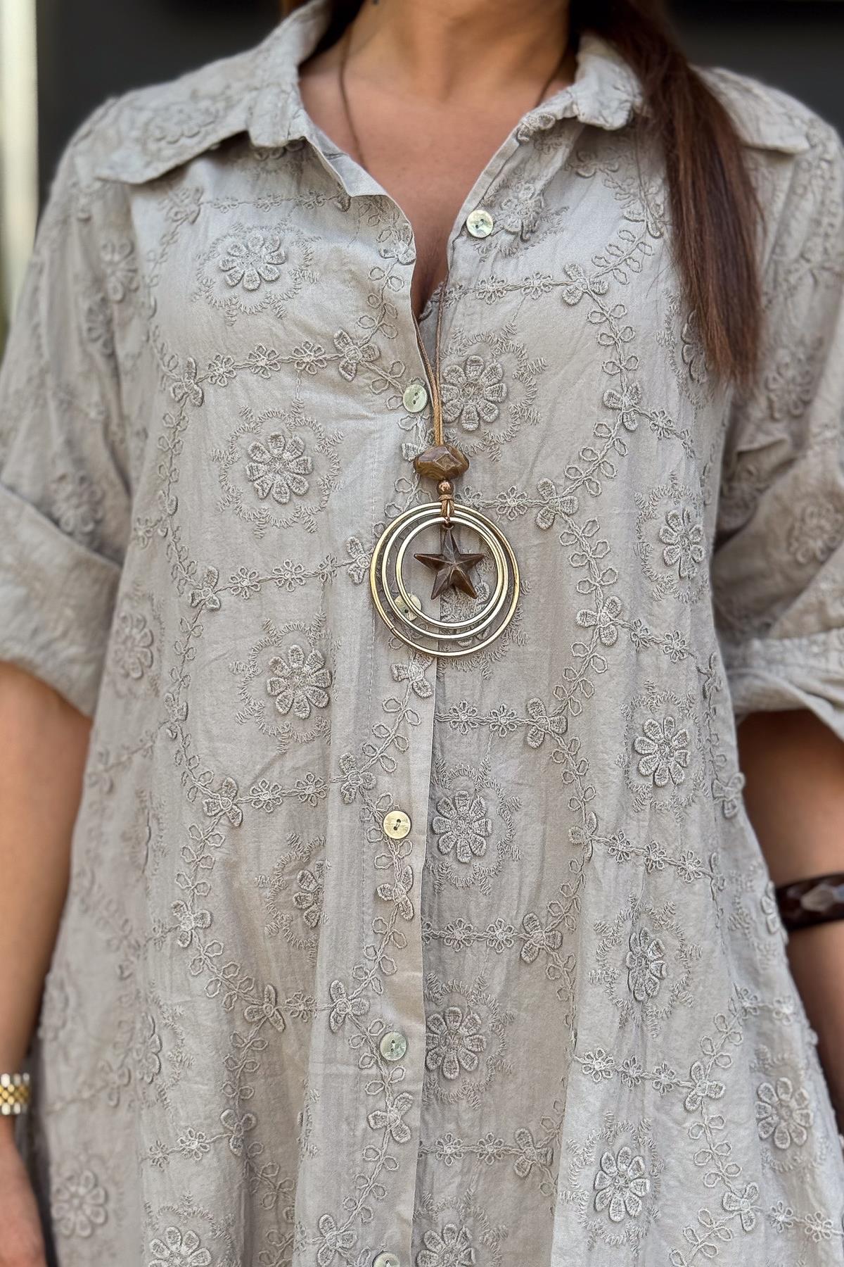 Embossed Floral Detailed Full Length Cotton Shirt Dress