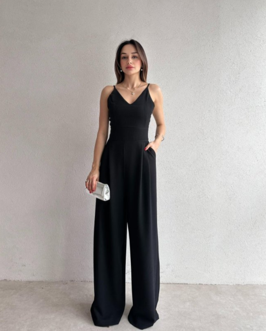 Elegant solid color suspender backless wide-leg jumpsuit