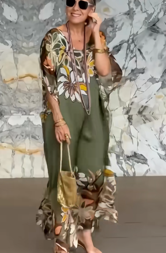 U-Neck Printed Split Maxi Dress