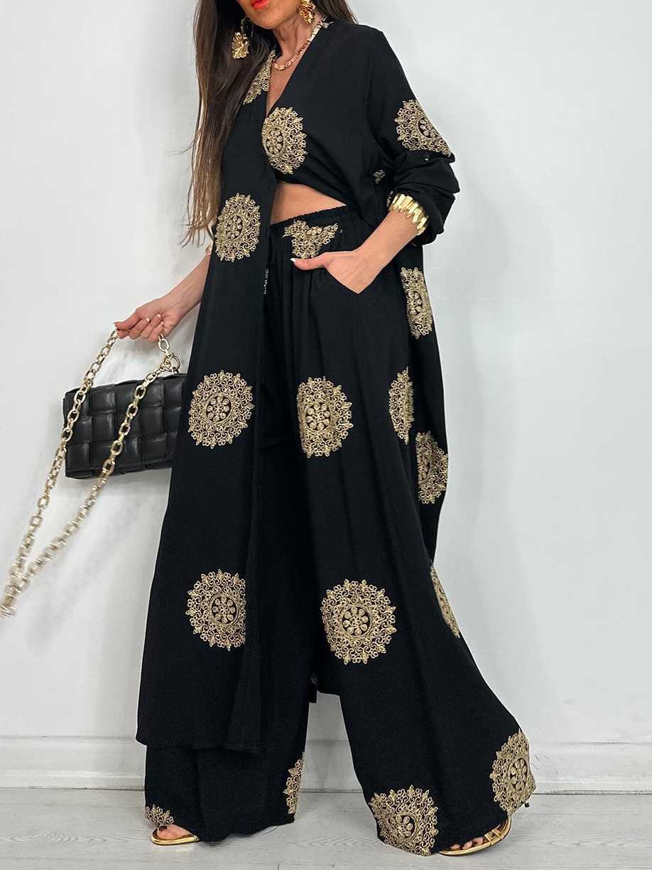 Embroidered Shirt Midi Top And Wide-Leg Pants Set
