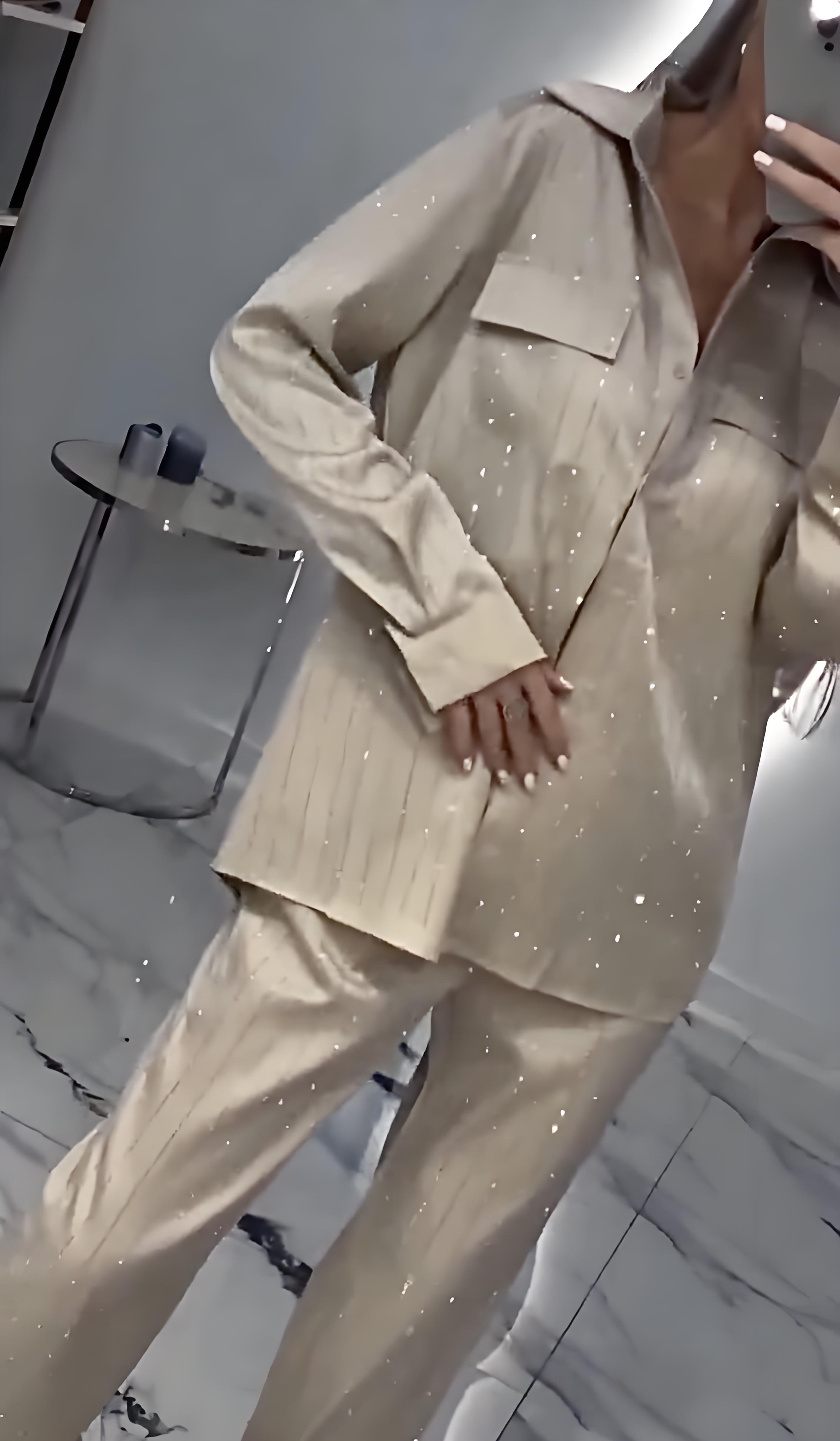 Women's V-neck Striped Gold-stamped Casual Suit