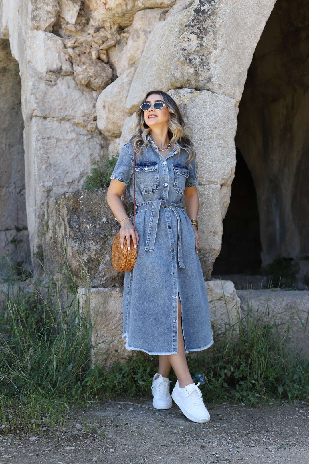 Women Short Sleeve Belted Button Down Denim Shirt Dress