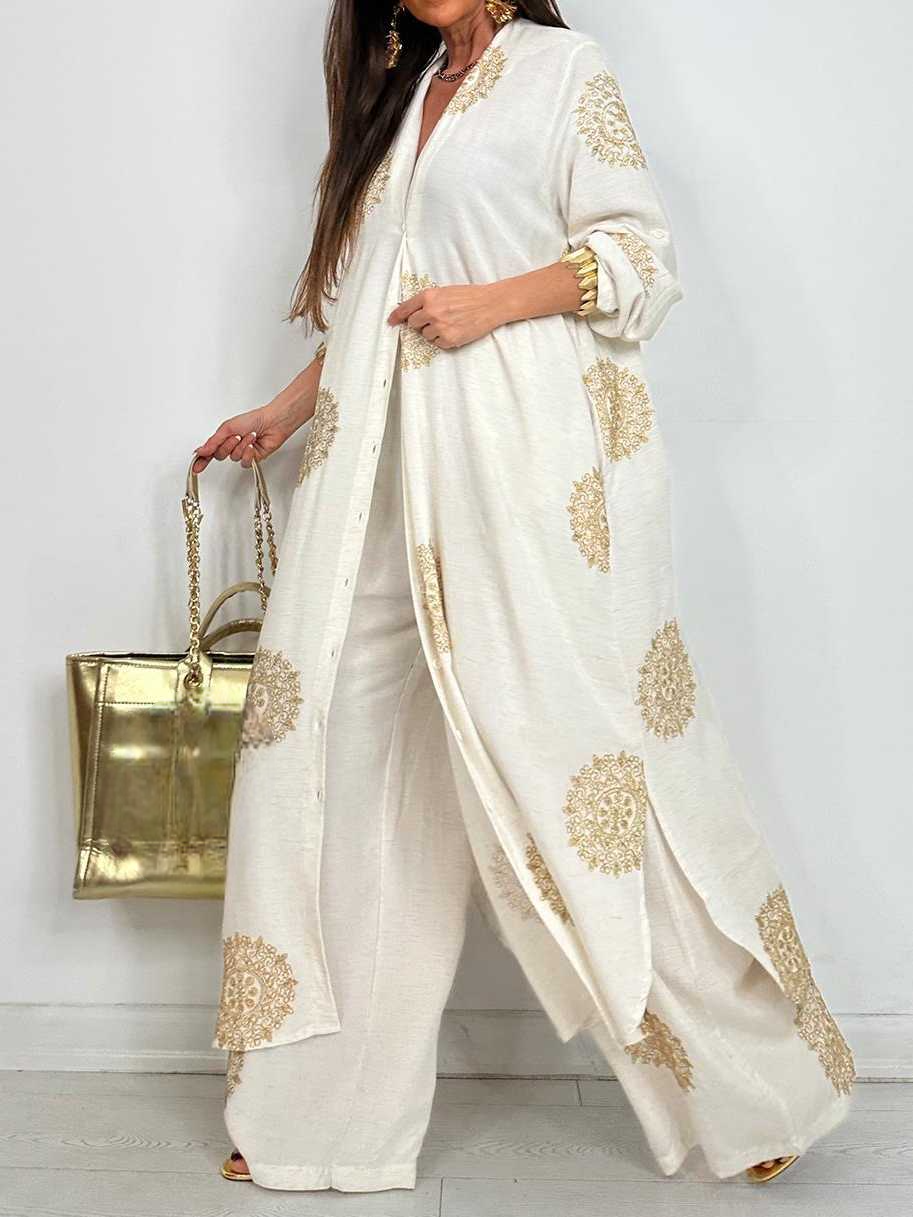 Embroidered Shirt Midi Top And Wide-Leg Pants Set