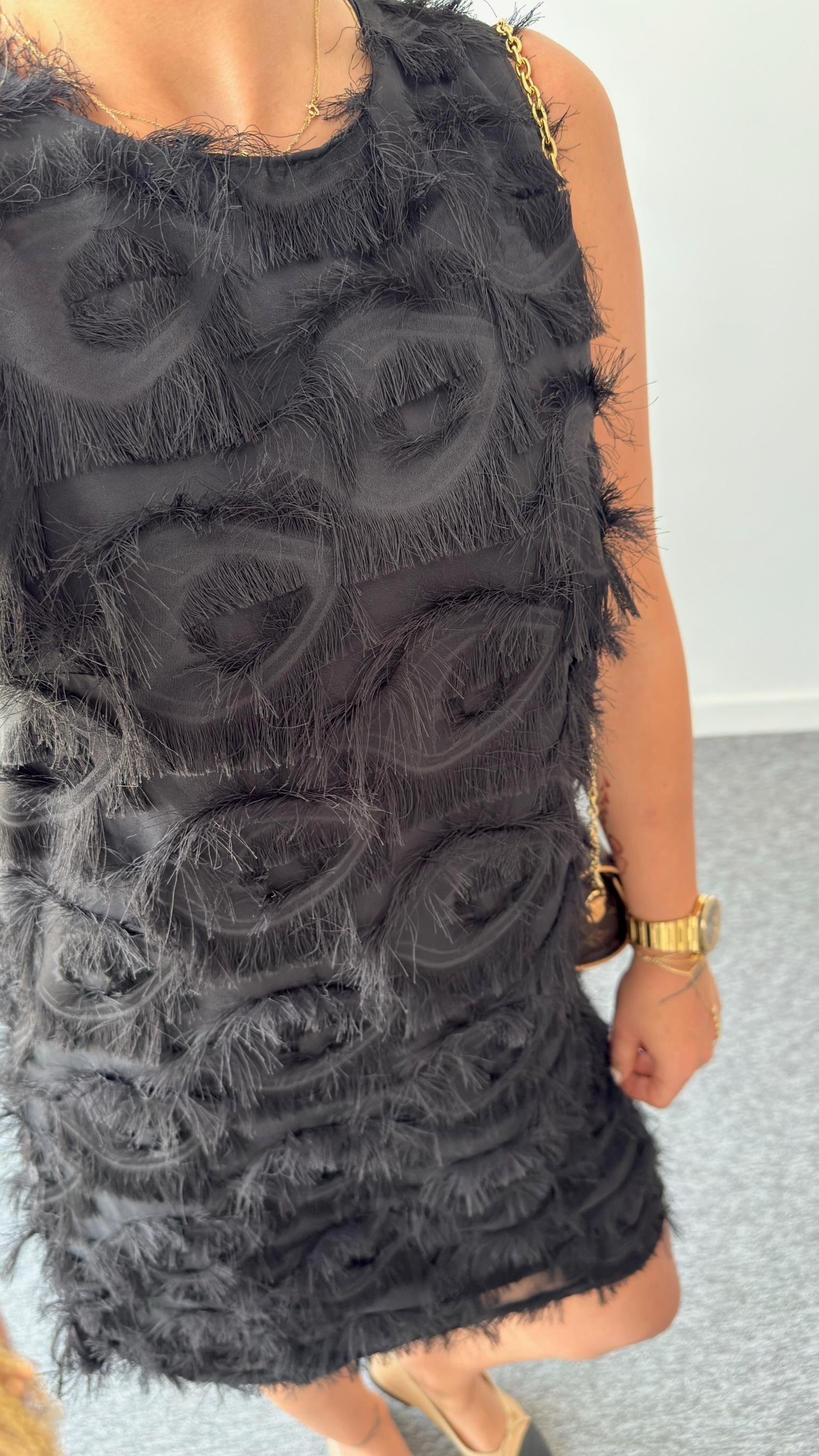 Black Feather Mini Dress with Unique Texture