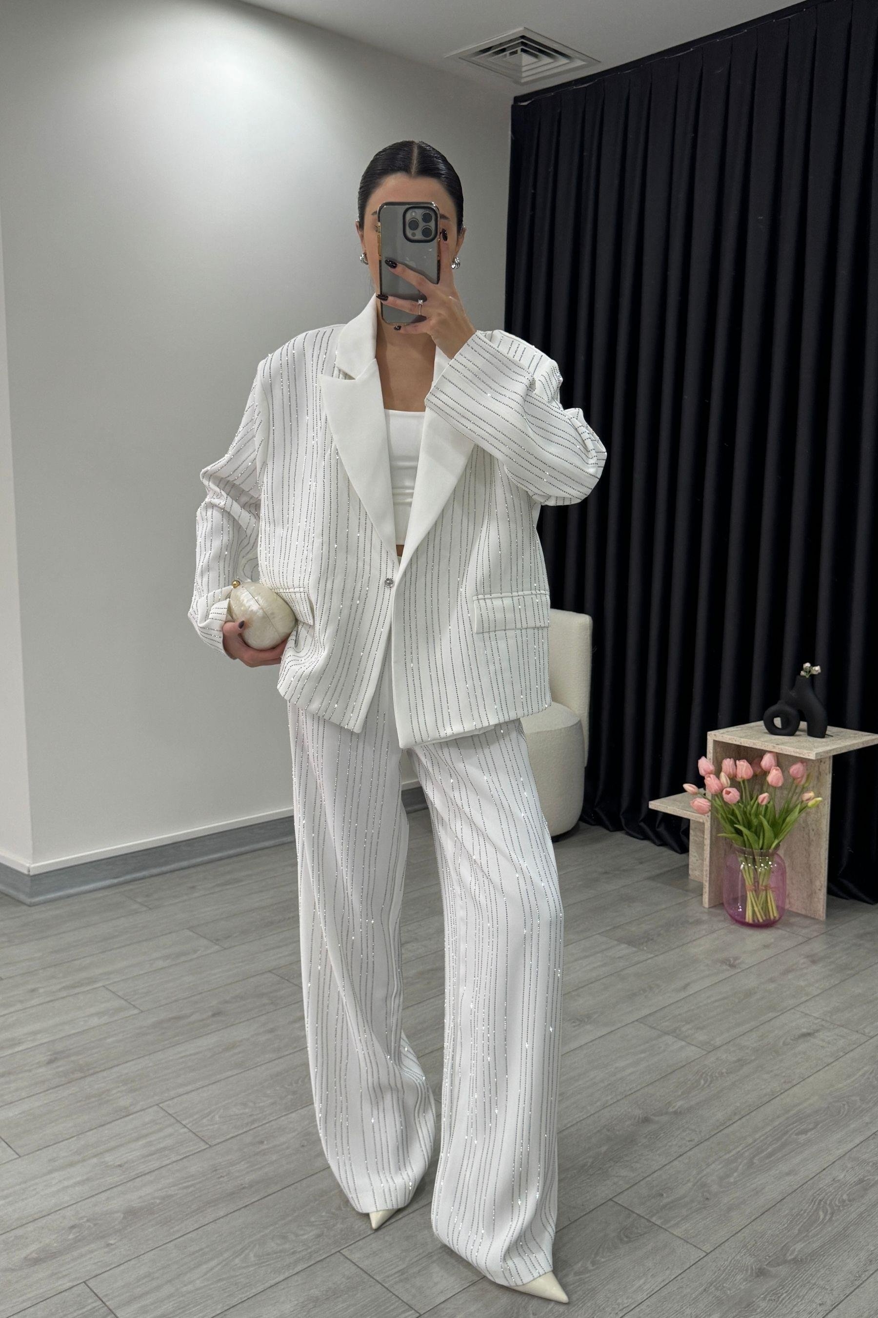 Premium Stoned Blazer and Trousers Two-Piece Set