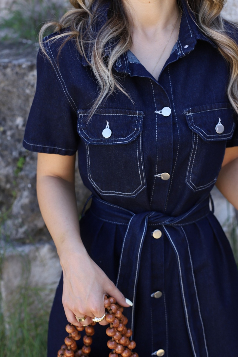Women Short Sleeve Belted Button Down Denim Shirt Dress