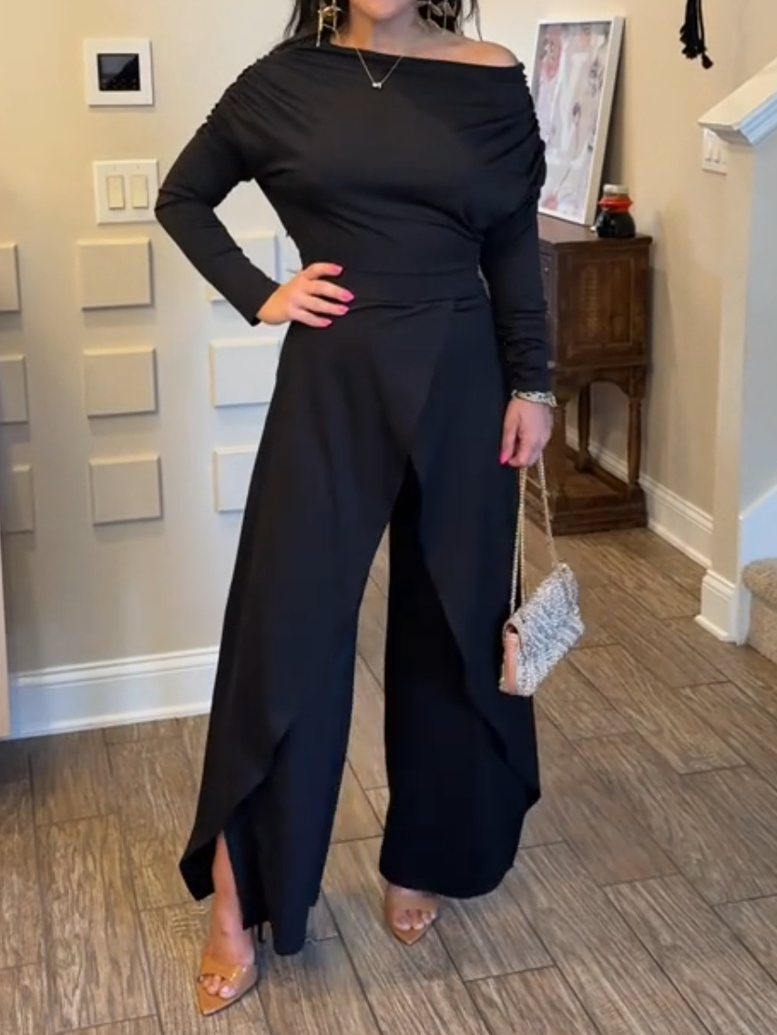 Plain Ruched Wrap Split Hem Jumpsuit for Women