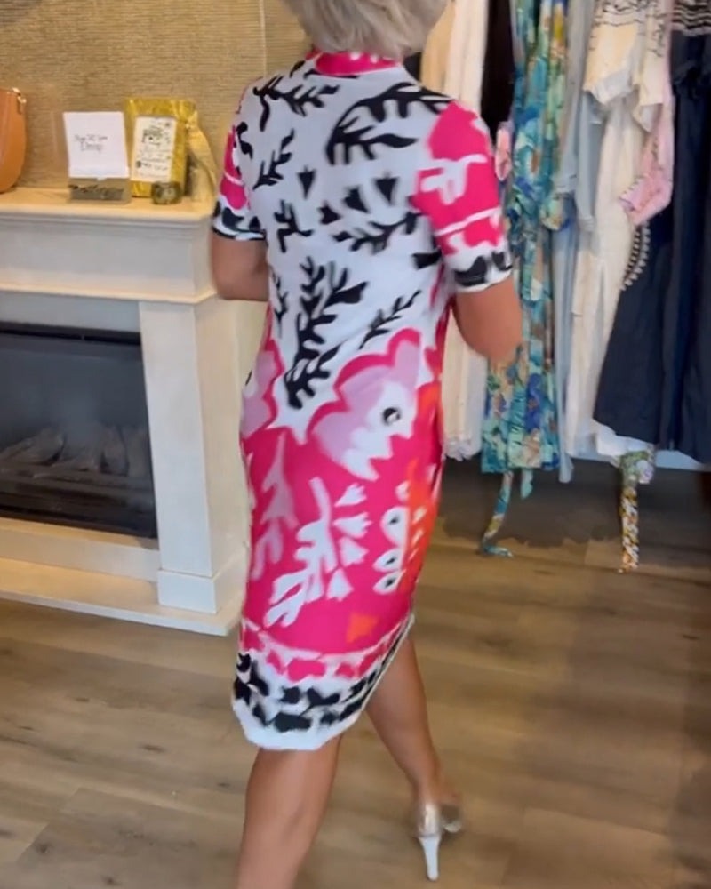 Short-Sleeve Printed V-Neck Dress