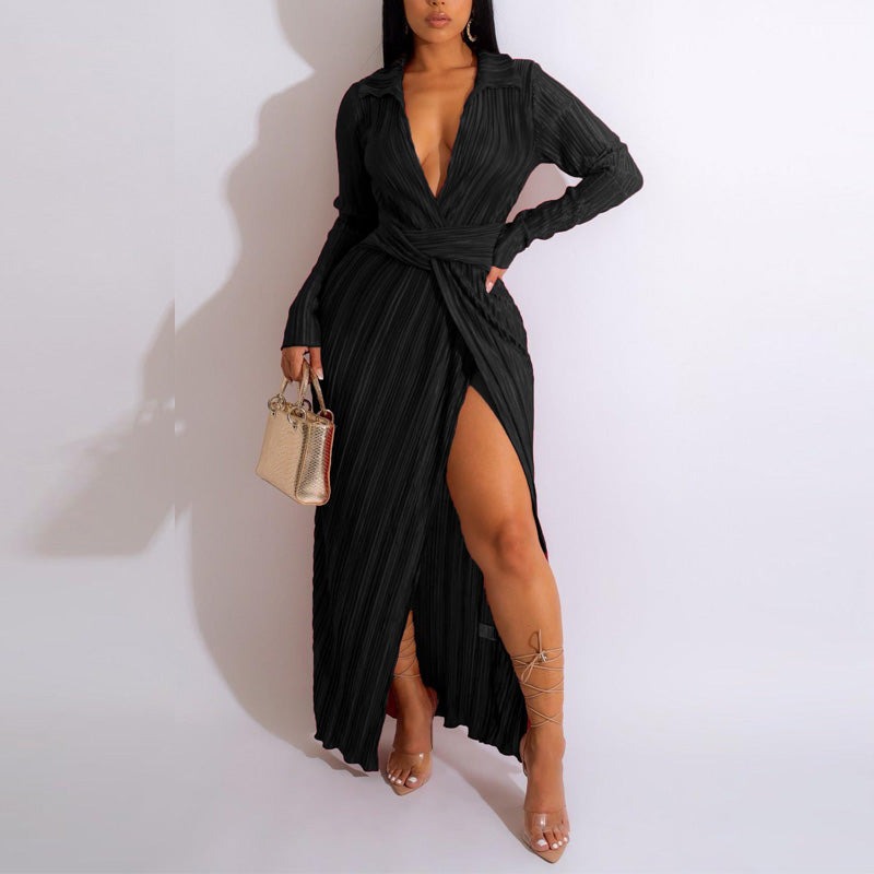 Elegant Long Sleeve Split Maxi Dress