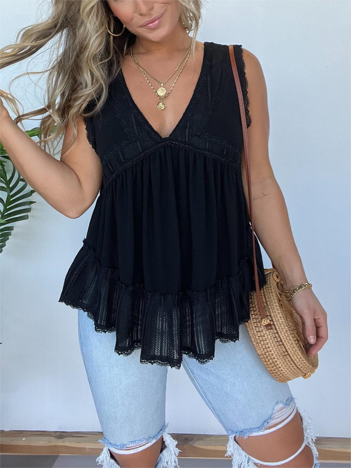 V-NECKLINE SLEEVELESS FLOW TOP WITH LACE TRIM (BUY 2 FREE SHIPPING)