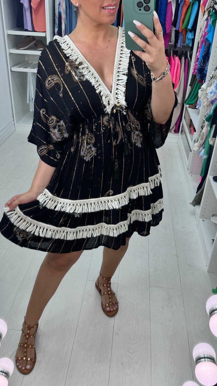 Paisley Print V Neck Tassel Dress