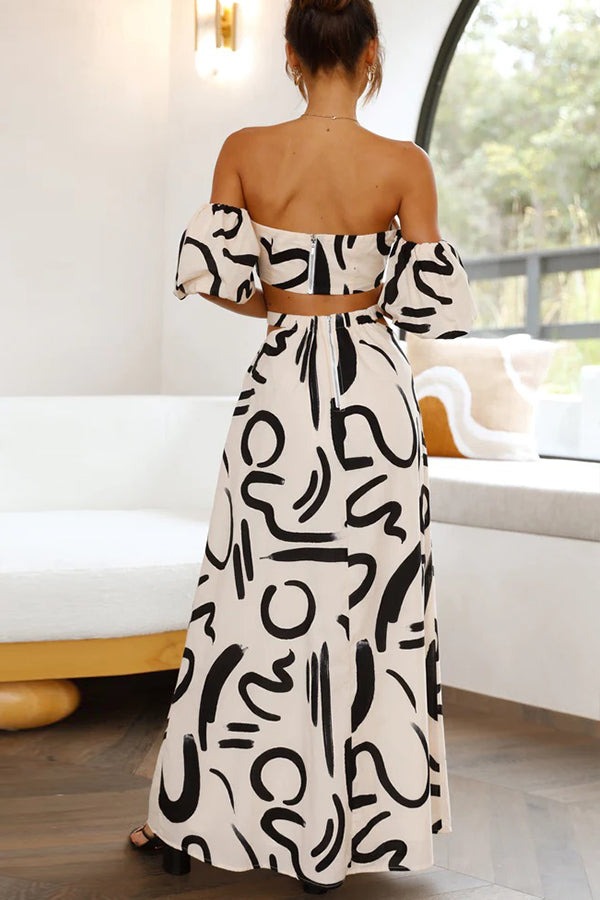 Printed Off Shoulder Crop Top and Pocketed Cutout Maxi Skirt Set