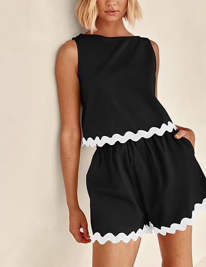  2 Piece Beach Vacation Cropped Tank Top High Waist Shorts Set