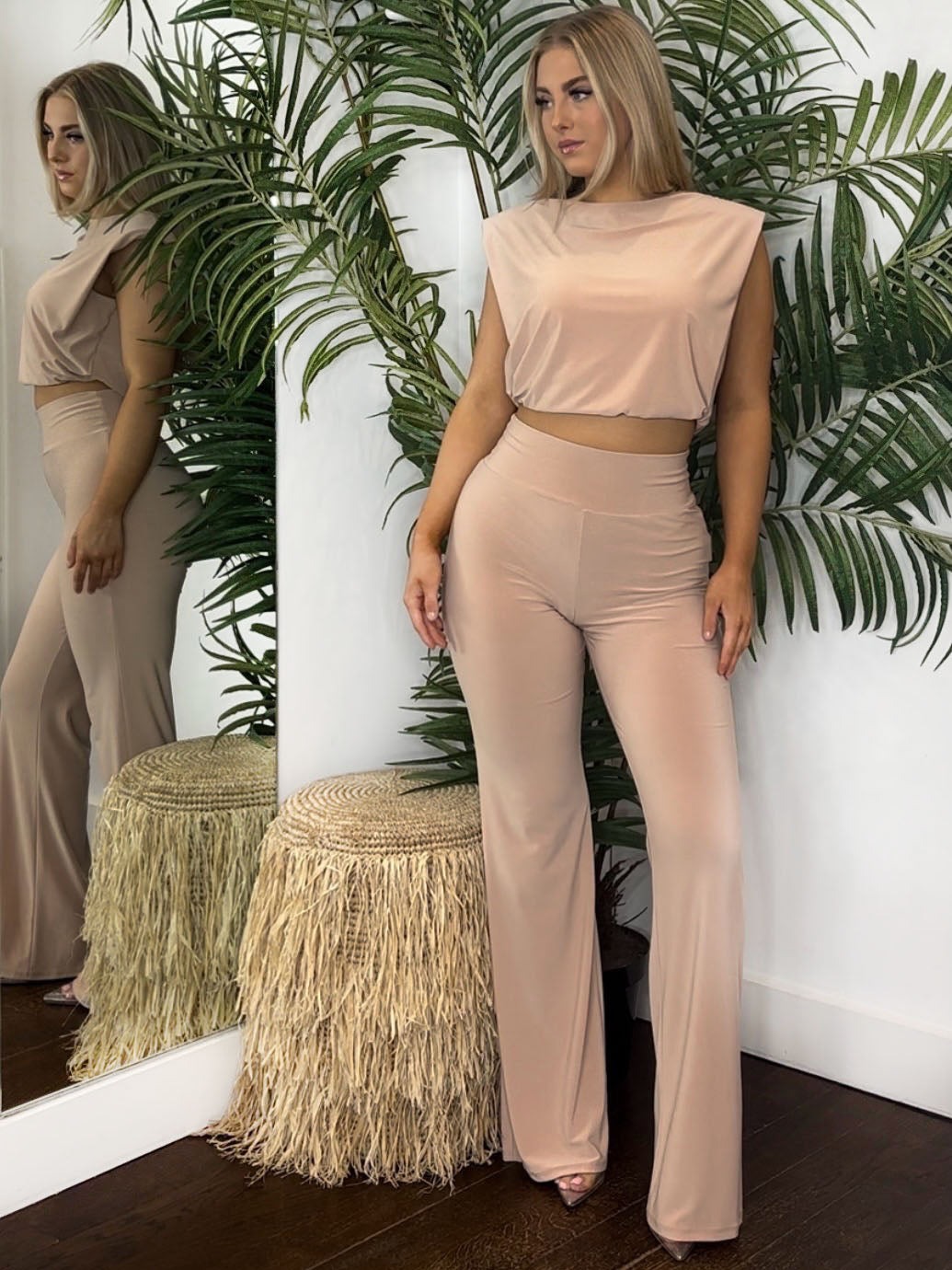 Padded Shoulder Top and High Waist Flare Set
