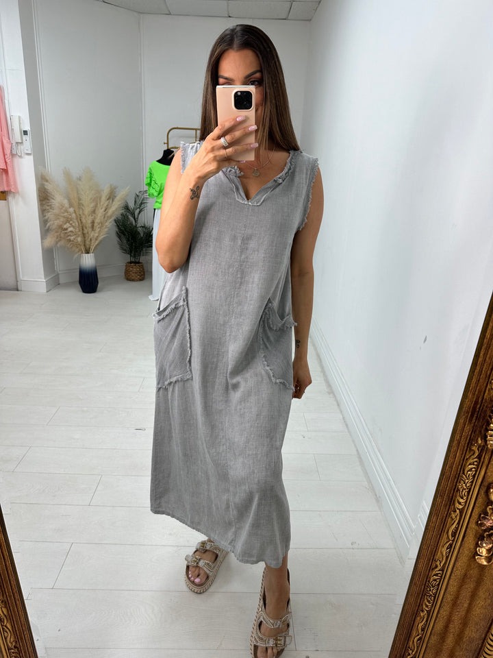 Plain Frayed Linen Pocket Dress