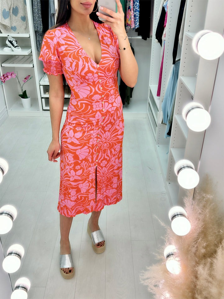 V Neck Floral Print Midi Dress