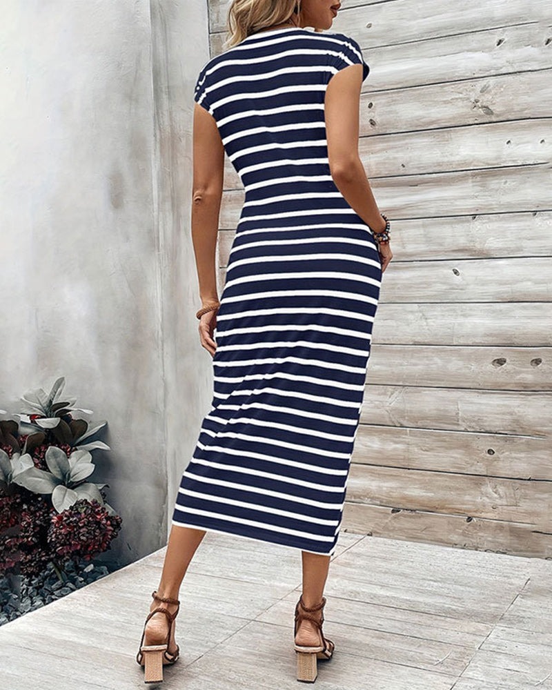 Fashion Striped Printed Strappy Raglan Sleeve Slim Dress