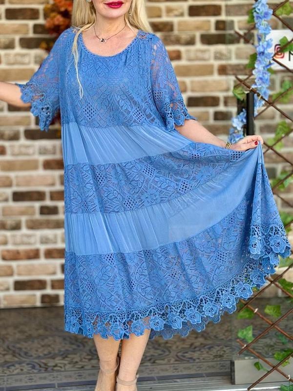 Round Neck Mid-length Sleeve Hollow Dress