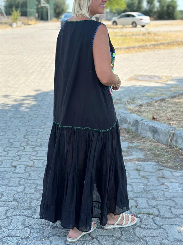 Casual Printed Patchwork Cotton And Linen Dress