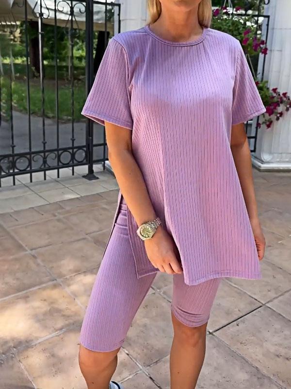 Solid Color Stretch Knit Top and Shorts Two-piece Set