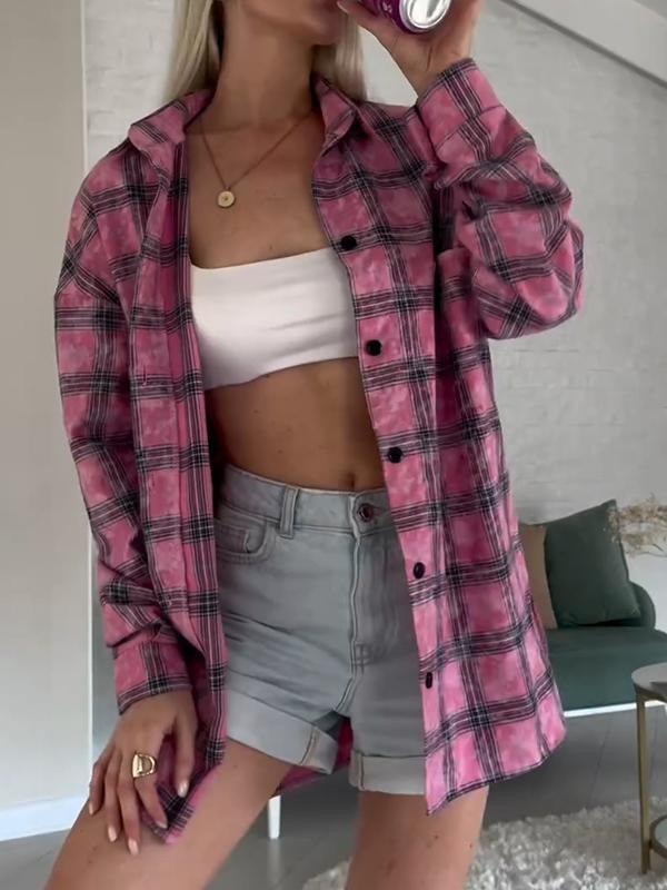 Lapel Single Breasted Plaid Shirt