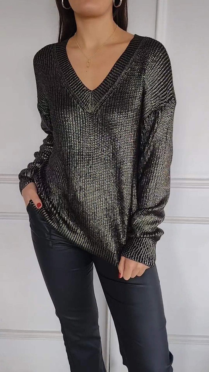 Women's V-neck Long Sleeve Top With Gold Stamping