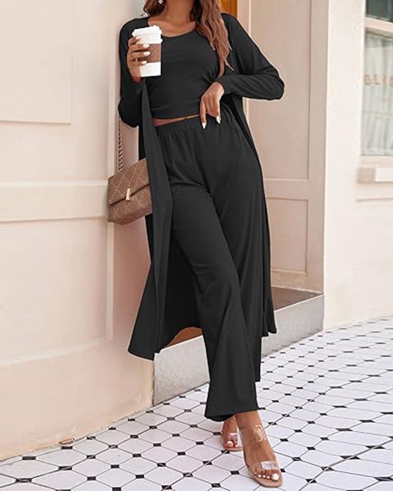 Long-sleeved cardigan top and pants pocket three-piece set
