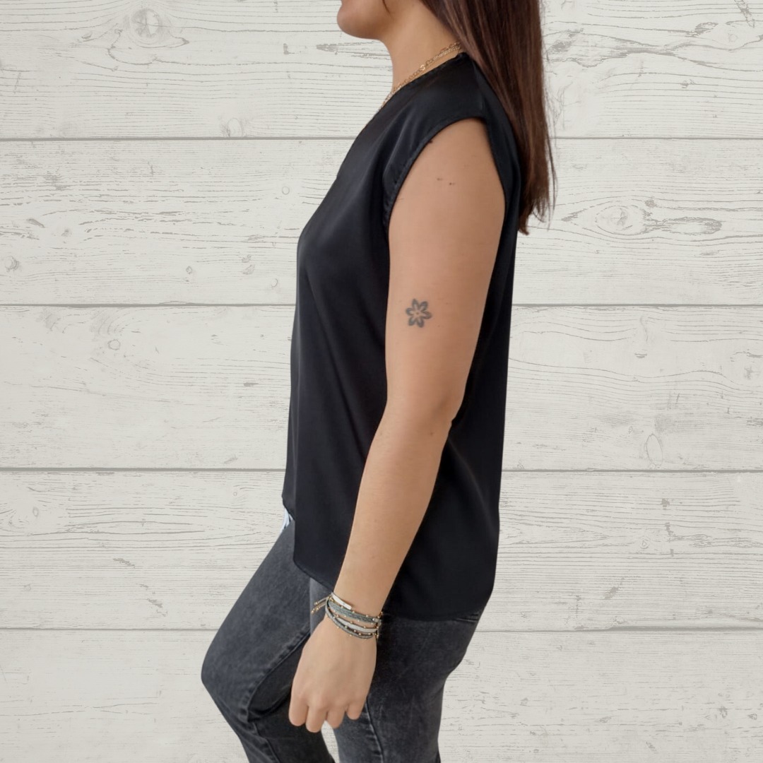 V-Neck Short Sleeve Back Button Blouse