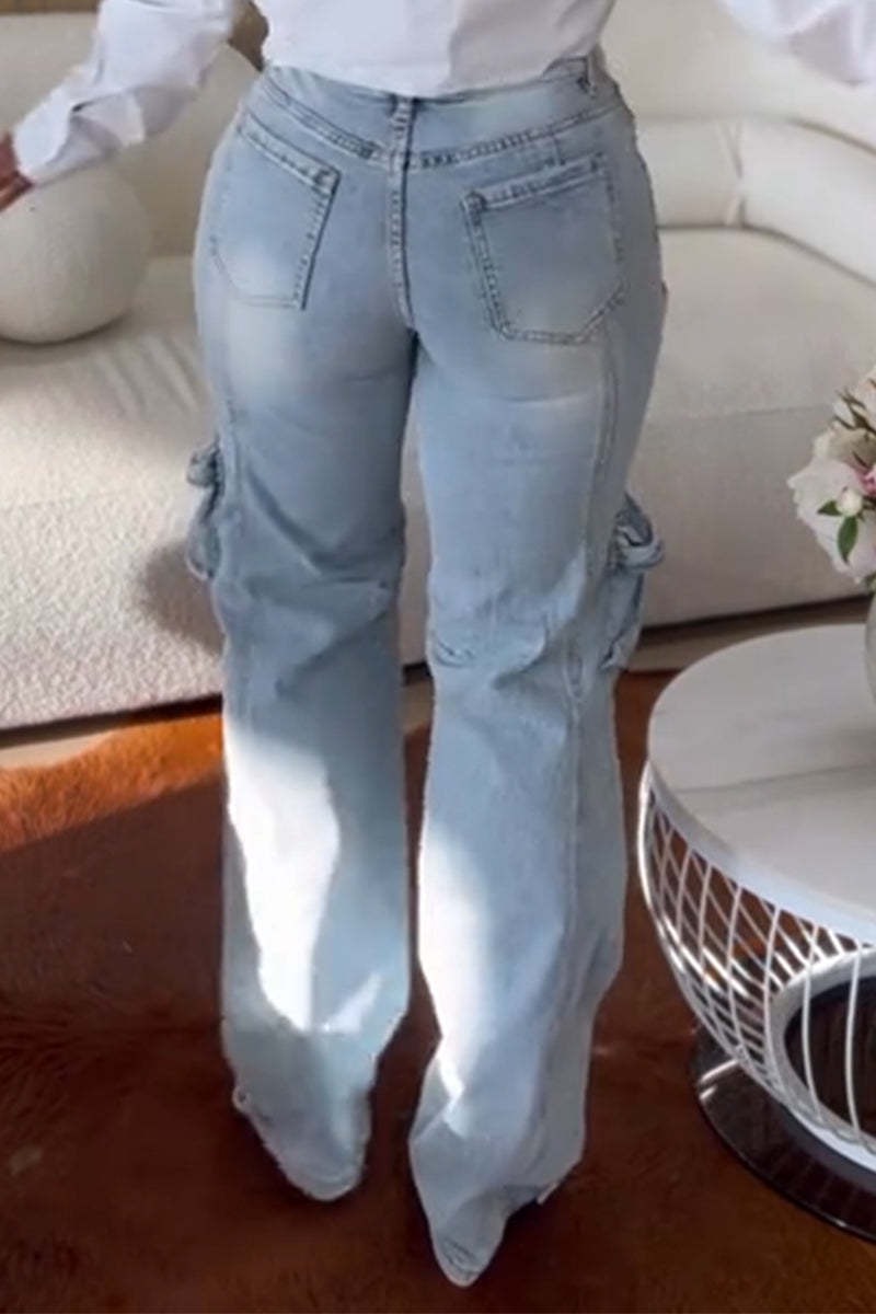 Cool Pearl Distressed Hiking Pocket Denim Pants