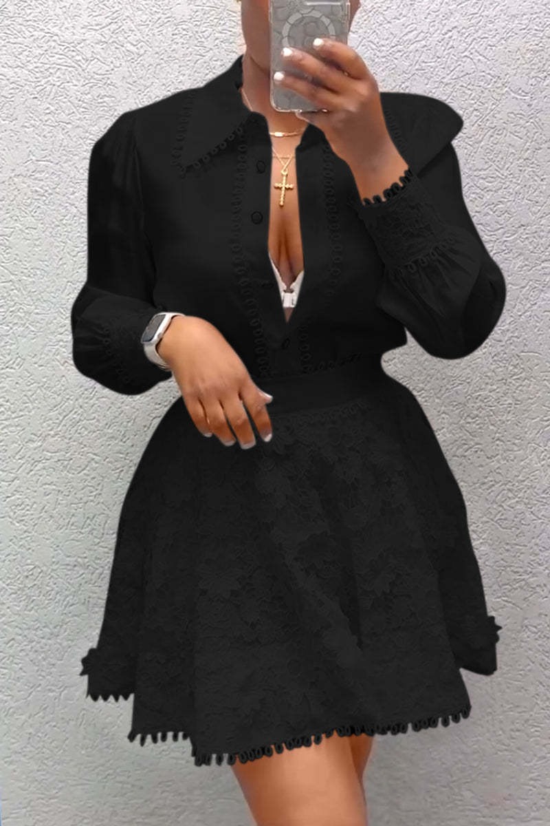 Elegant Long-sleeved Shirt And Lace Skirt Suit