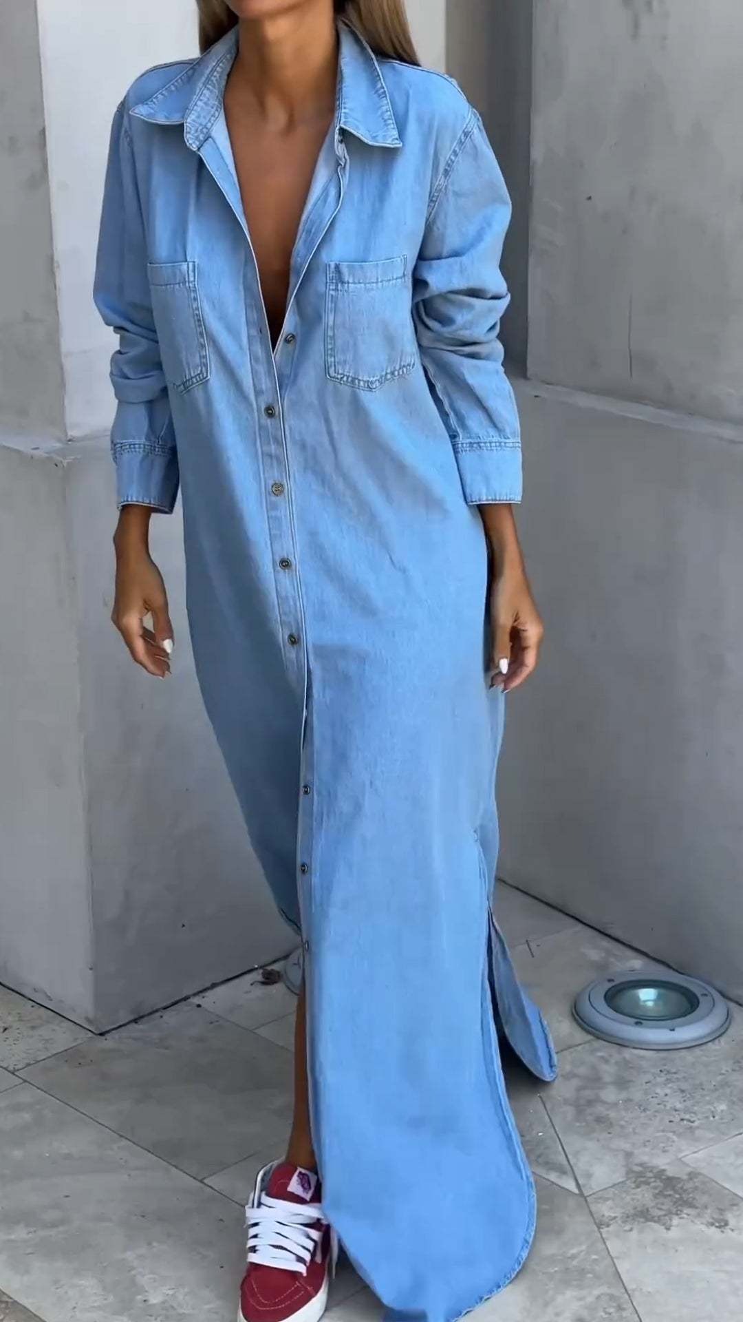 Lapel Button Long Sleeve Denim Long Dress
