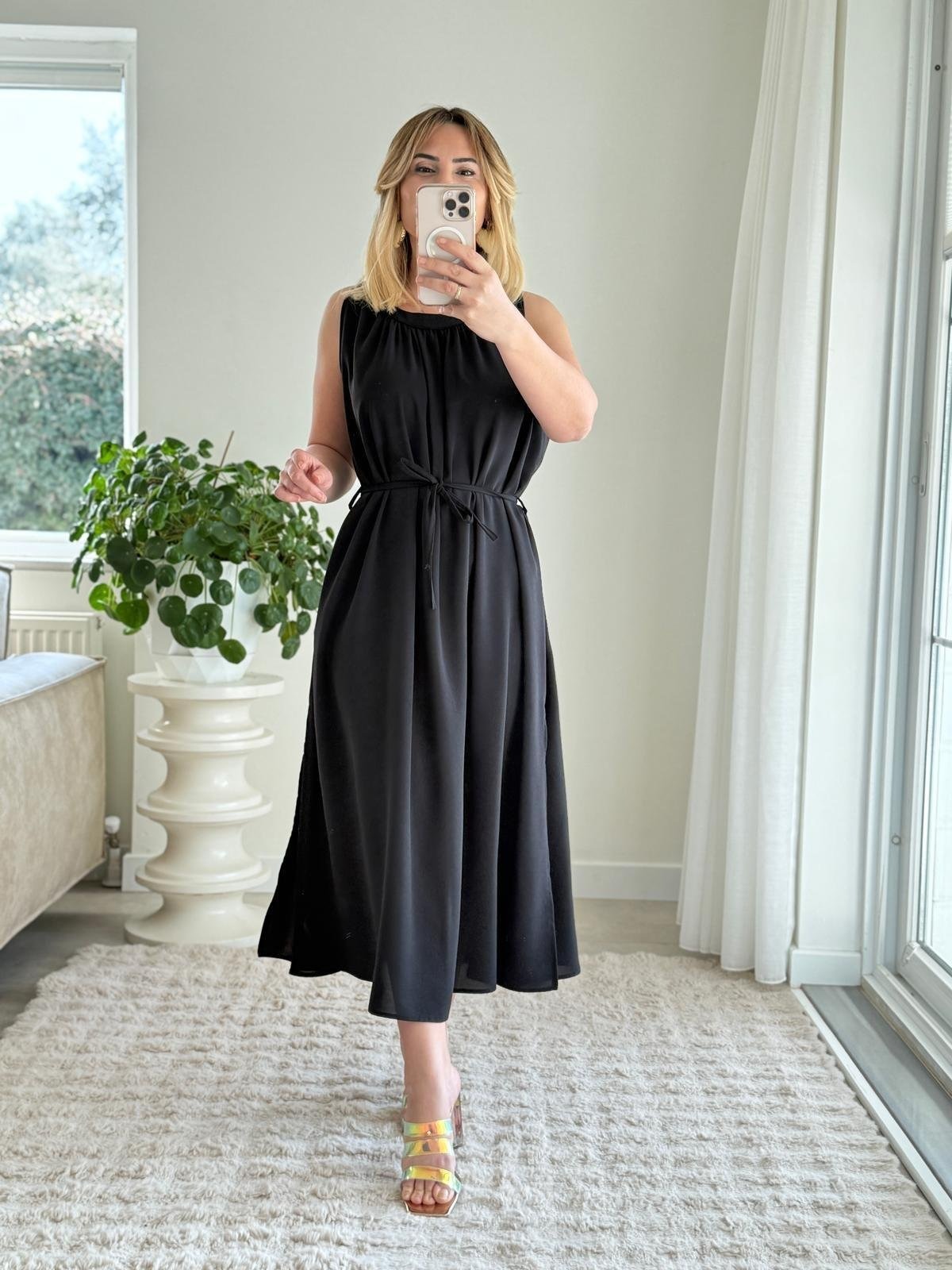 Sleeveless Lace Up Slit Dress