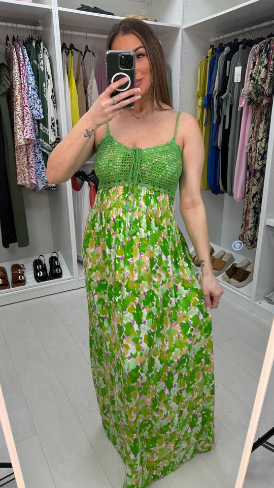 Falisha Watercolour Print Crochet Bust Maxi Dress