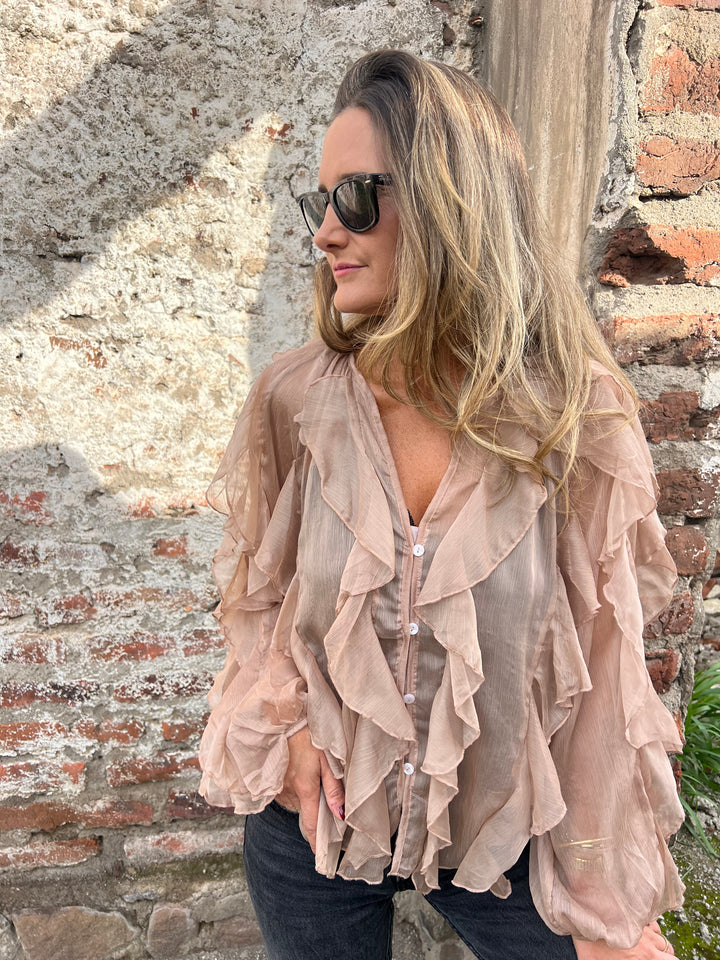 Elegant Ruffle Button Down Dramatic Statement Sleeve Chiffon Blouse