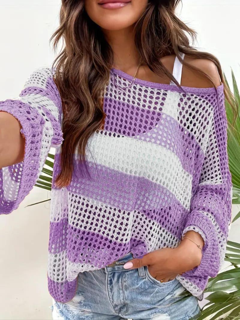 Striped Print Hollow Drop Shoulder Long Sleeve Boat Neck Jumper