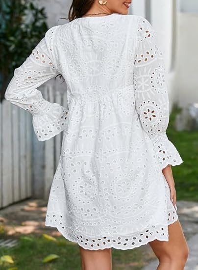Tassel V Neck Long Sleeve A Line Hollow Out Lace Ruffle Dresses