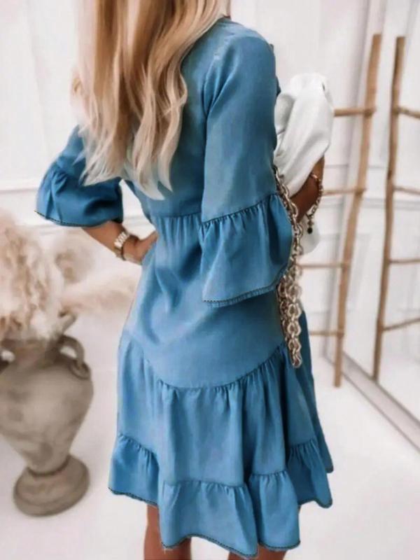 Denim-effect Print Ruffle Trim V Neck Dress