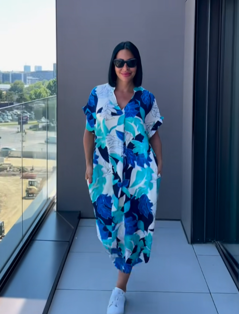 Printed V-neck short-sleeved long dress