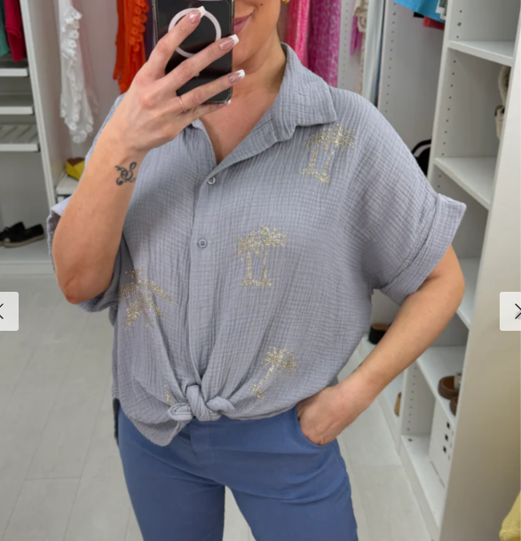 Embellished palm tree denim shirt
