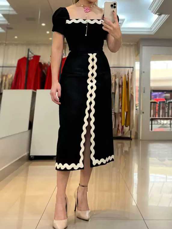 Puff Sleeves Square Neckline Black Midi Dress-Unique Wavy Contrast Trim