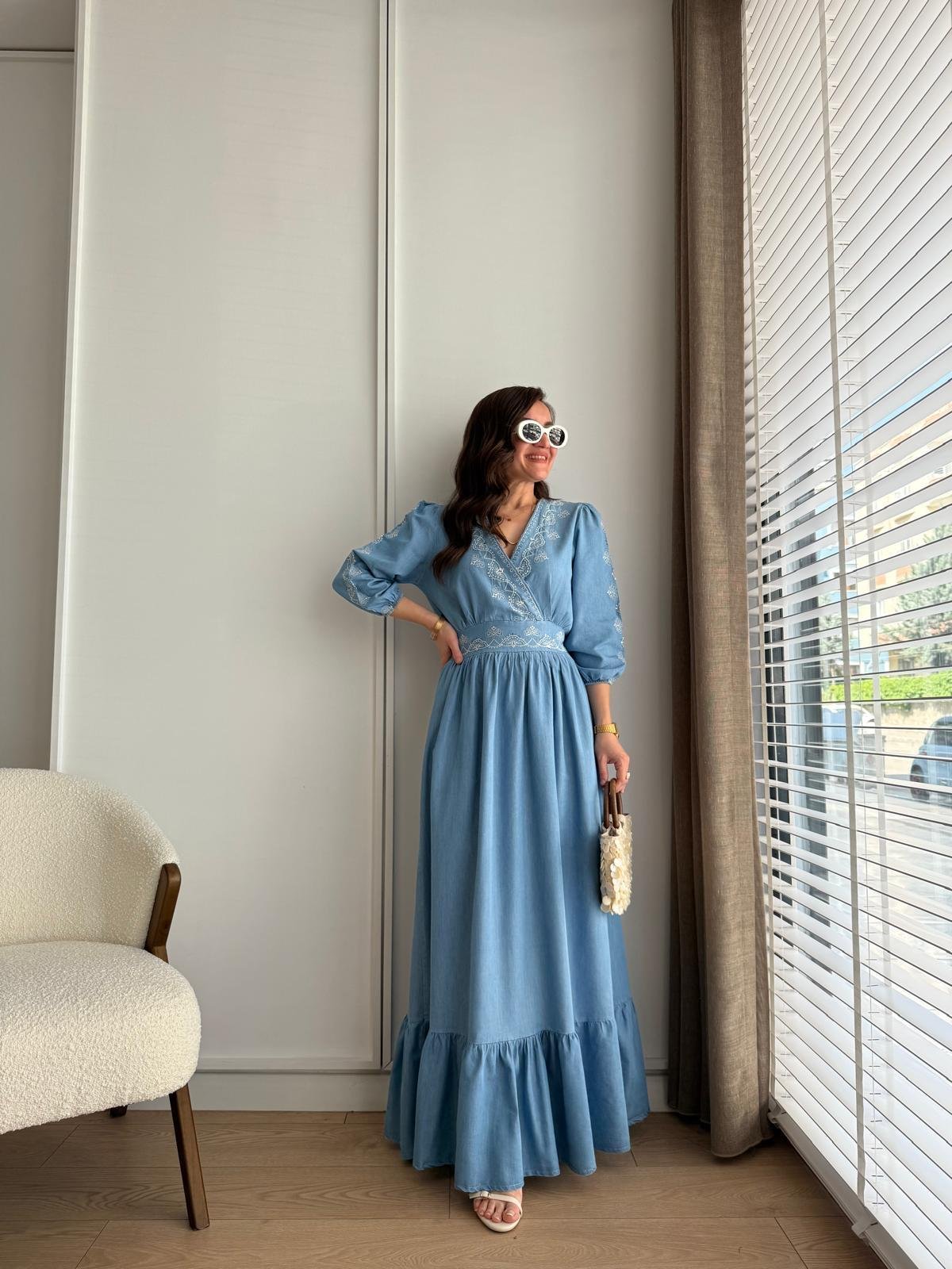 Blue Double Breasted Sequined Dress with Elastic Back