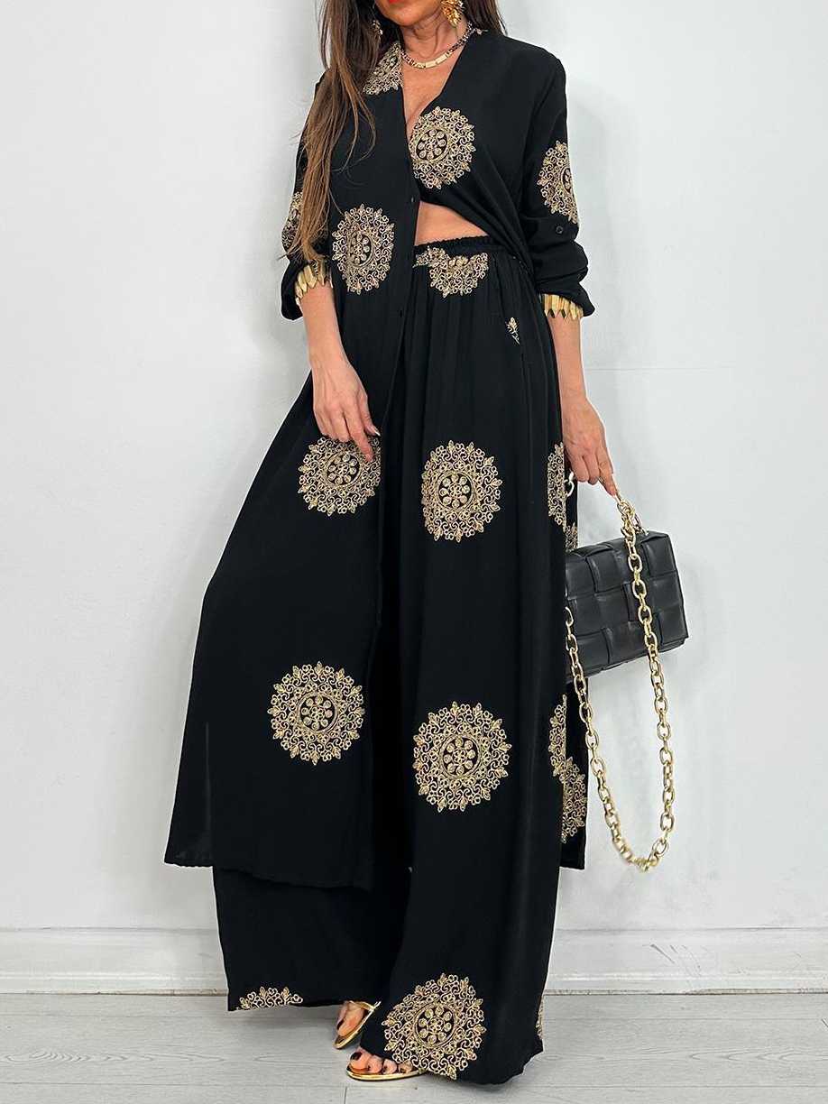 Embroidered Shirt Midi Top And Wide-Leg Pants Set