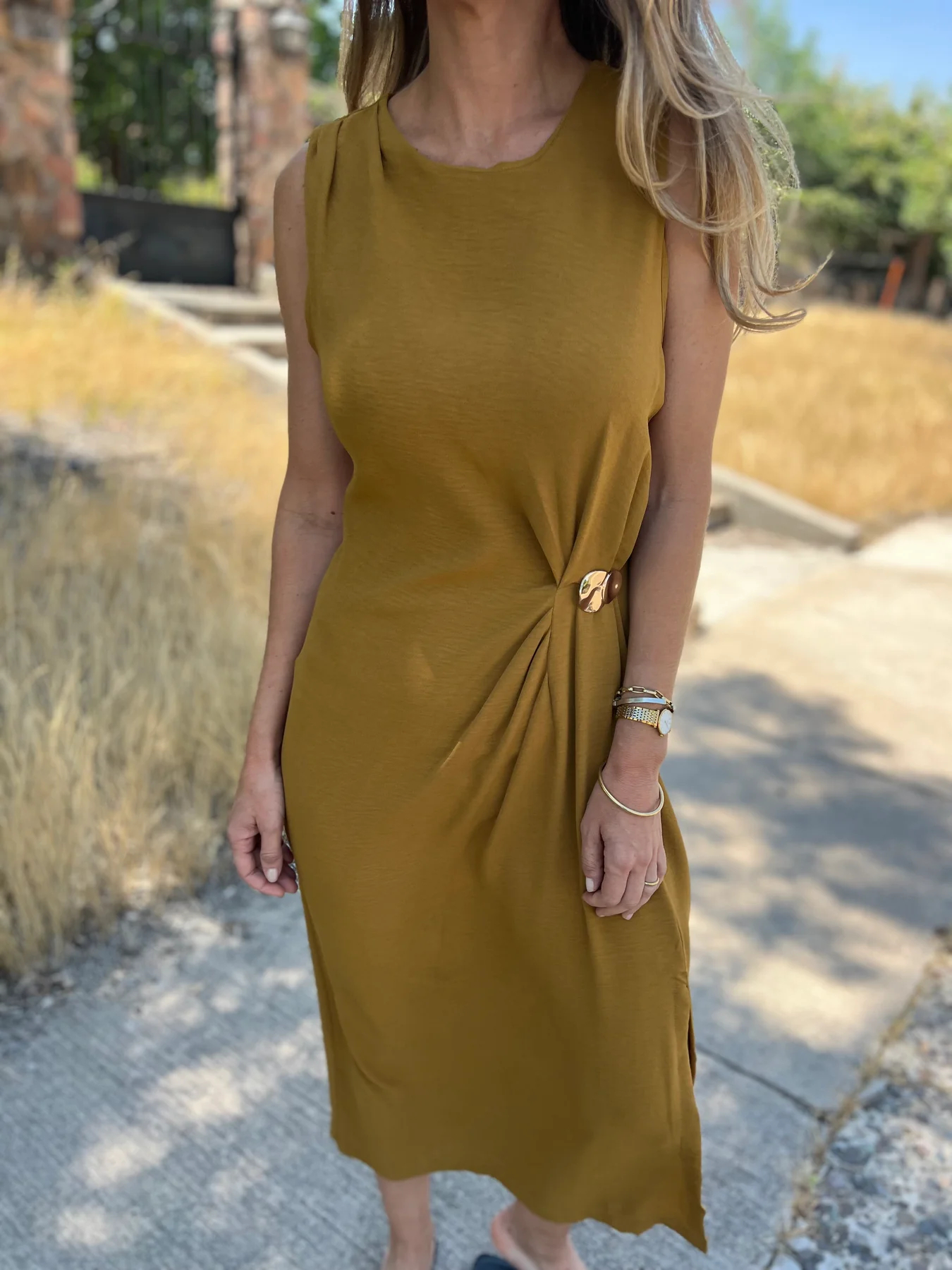 Metal Detail Shirred Waist Sleeveless Spilt Dress