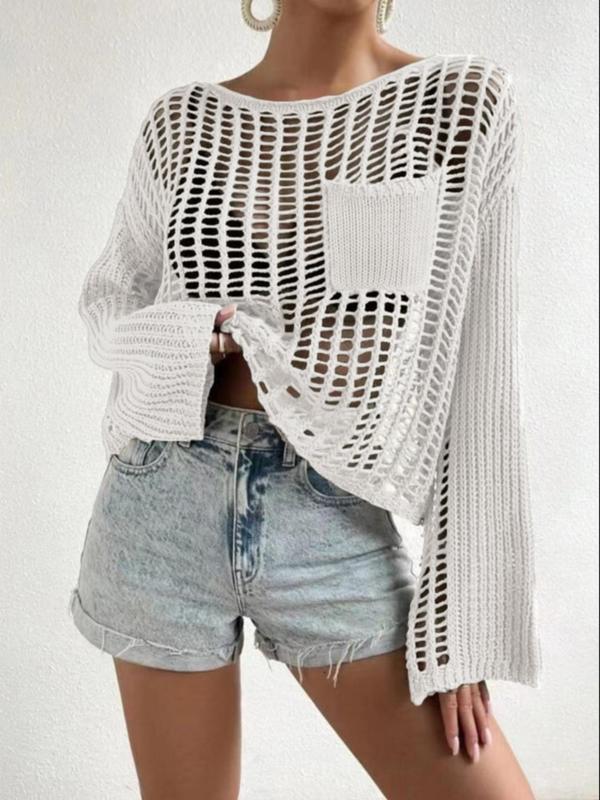 Solid Hollow Out Round Neck Casual Pocket Drop Shoulder Long Sleeve Jumper